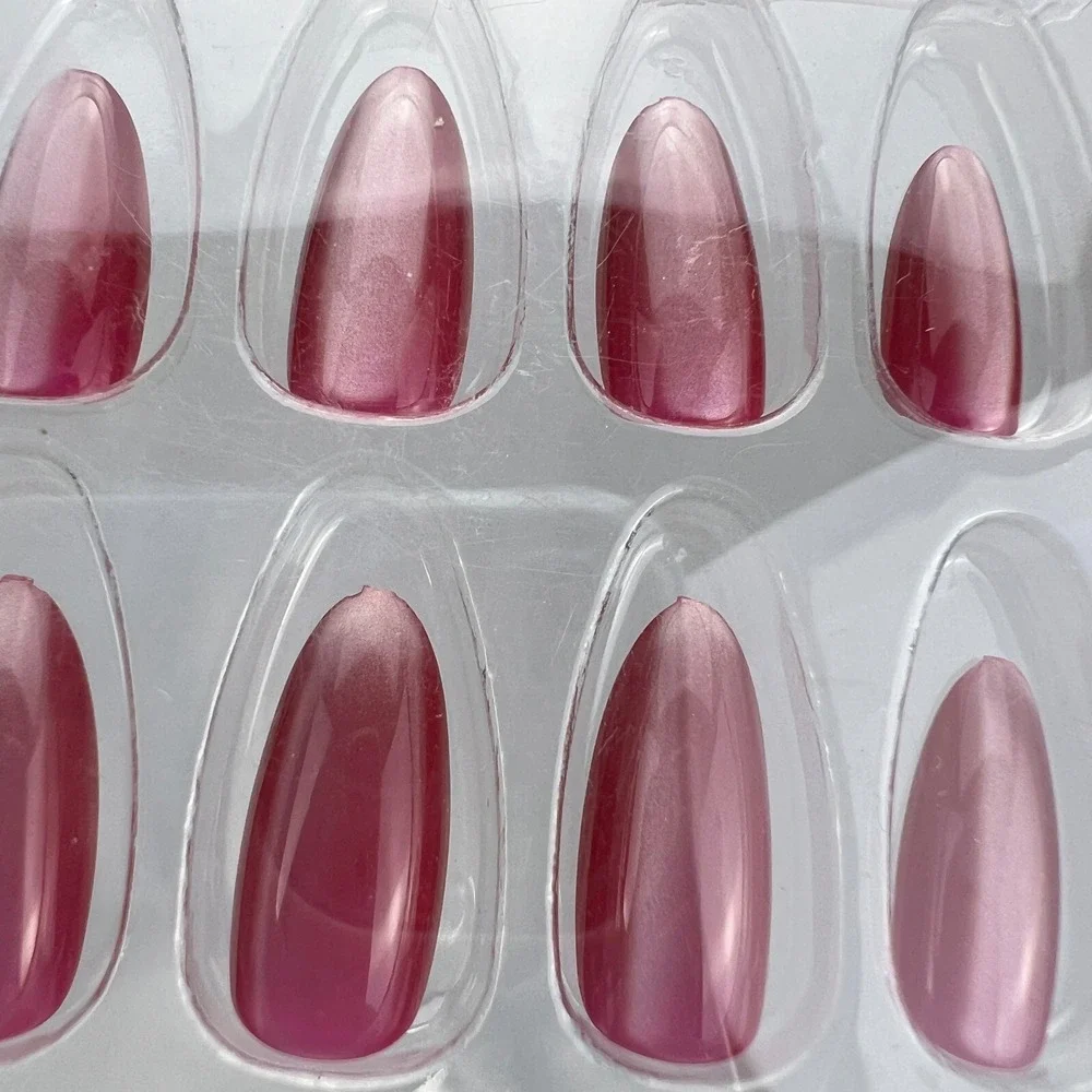 24pcs Soft Gel‎ Press On Nails Cat Eye Magenta Pink Almond Shimmer Reusable Kit